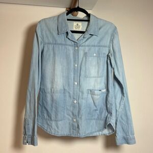 Volcom Womens Light Wash Lyocell Button Down Shirt Blue Long Sleeve Small